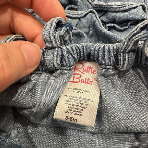 RuffleButts Chambray Denim Bow Ruffle Bubble Romper - Picture 6 of 8